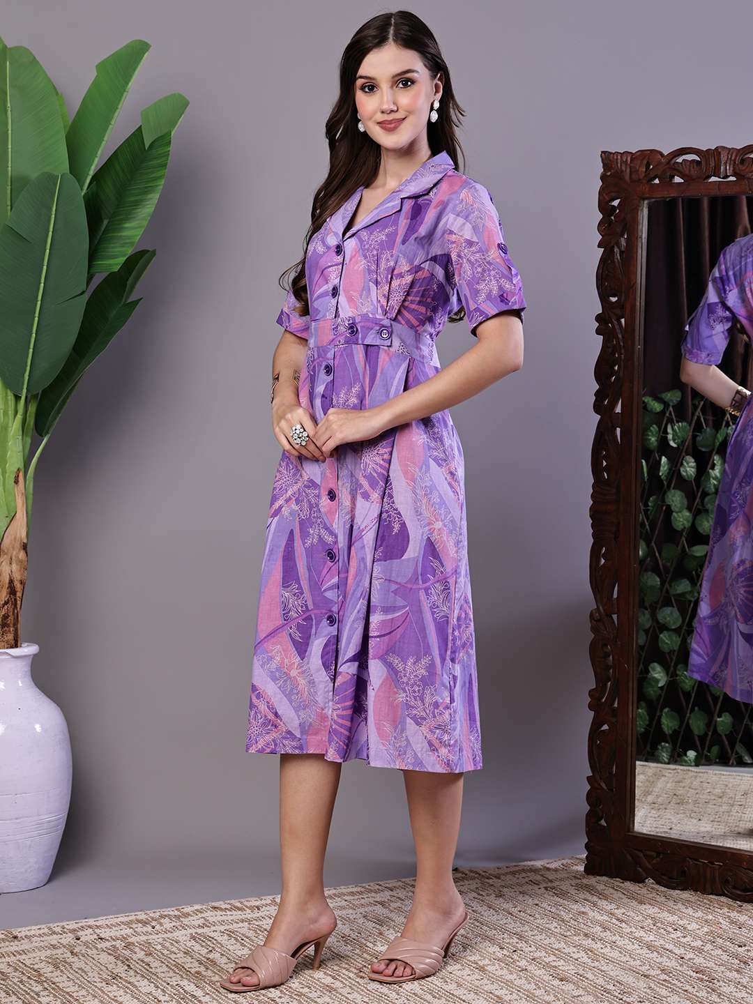 Women's Purple Abstract Print Cotton Shirt Dress - Image 4